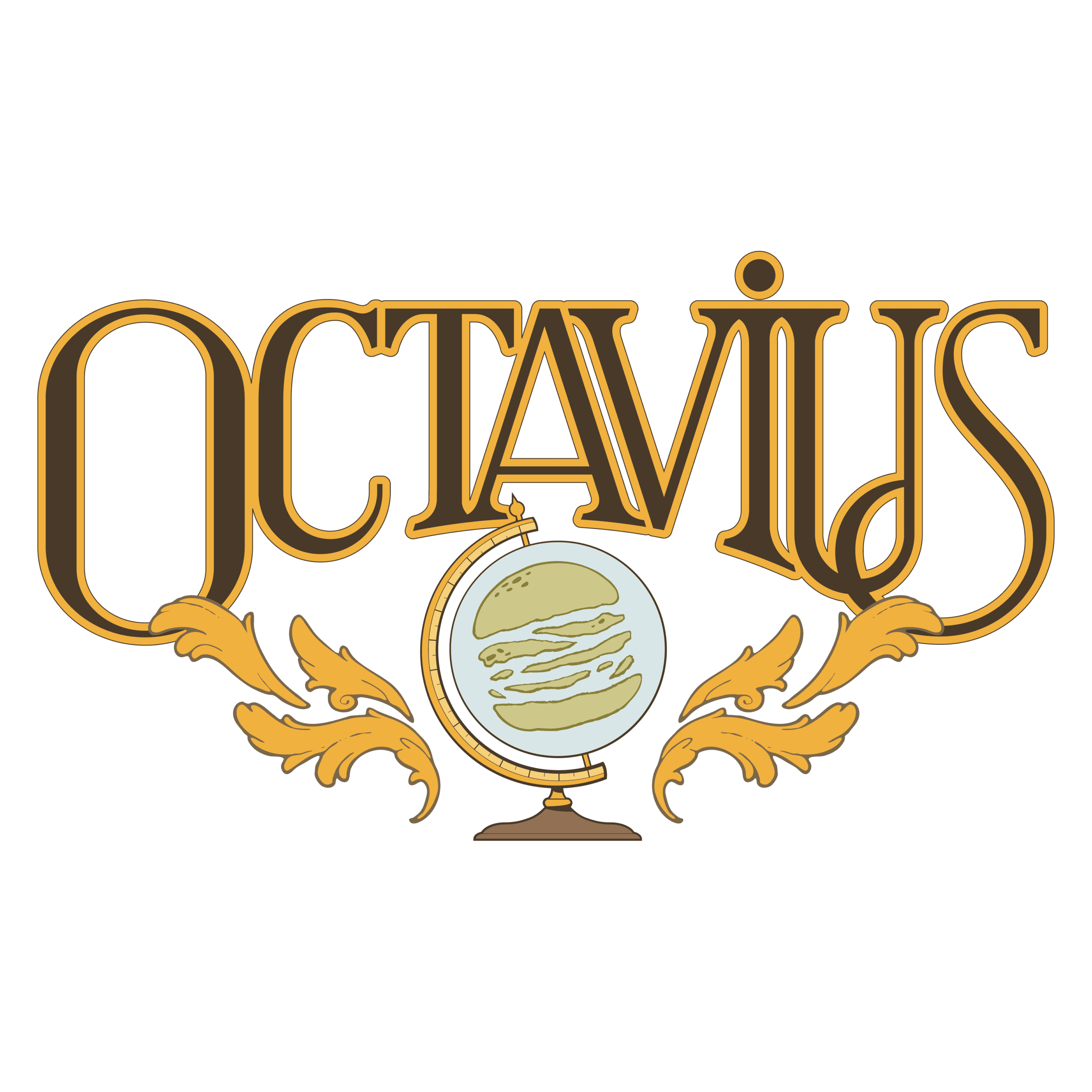 Logo Octavius Burger - Créateur de burger : texte stylisé avec un globe terrestre en forme de burger et des ornements dorés