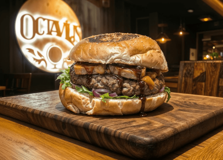 Gros plan sur un burger gourmet garni de foie gras poêlé et de sauce, présenté sur une planche en bois dans le restaurant Octavius à Nancy, avec le logo lumineux en arrière-plan.