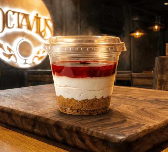 Cheesecake aux fruits rouges en verrine, présenté sur une épaisse planche en bois dans le restaurant Octavius à Nancy, avec le logo circulaire lumineux en arrière-plan.